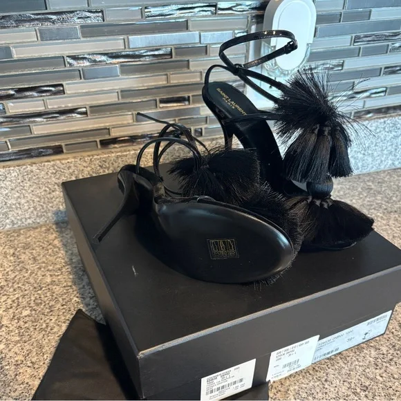 YSL Vernice Chiffon Tassel Embellished Pierre Pon Pon 110 Sandals - Picture 8 of 10